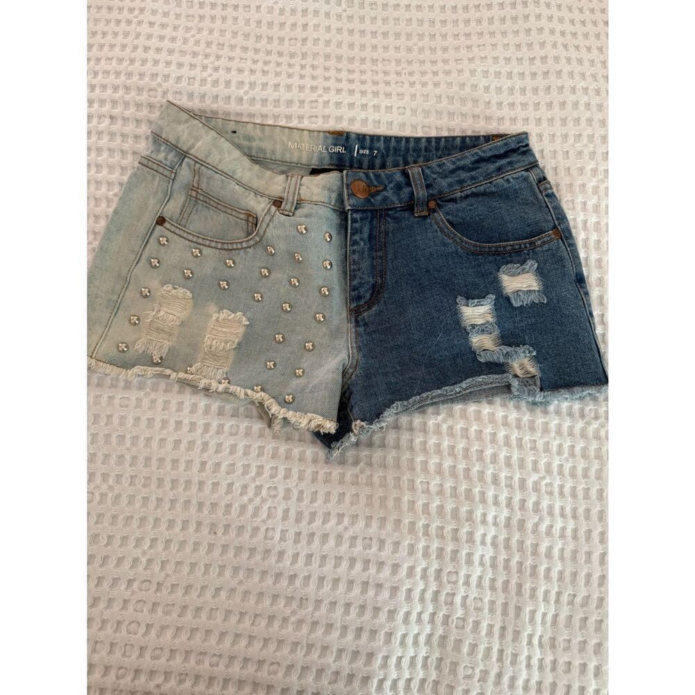 Material Girl Two-Tone Distressed Denim Shorts studded front light and dark blue